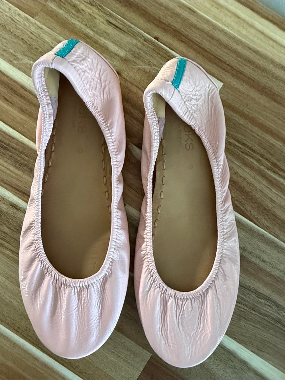 Tieks Soft Pink Ballet Flats with Teal Tab - Women's Shoes - blush patent